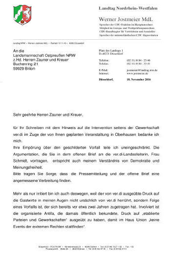 Stellungnahme von Werner Jostmeier (MdL NRW) zu diesem Vorgang. - Zur Vergrerung anklicken!