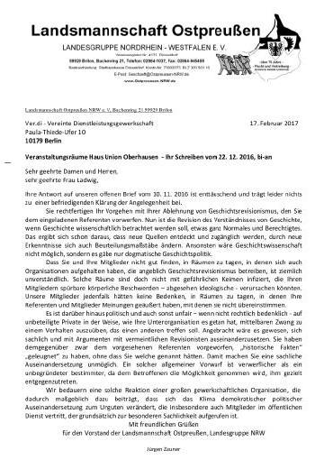 Antwort der LO-NRW auf das Schreiben von ver.di Berlin vom 22.12.2016. - Zur Vergrerung anklicken!