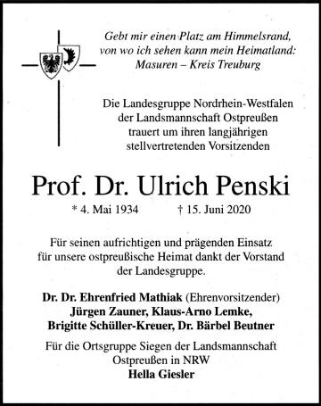Prof. Dr. Ulrich Penski  (*04.05.1934    +15.06.2020) - Anzeige zur Vergrößerung anklicken!